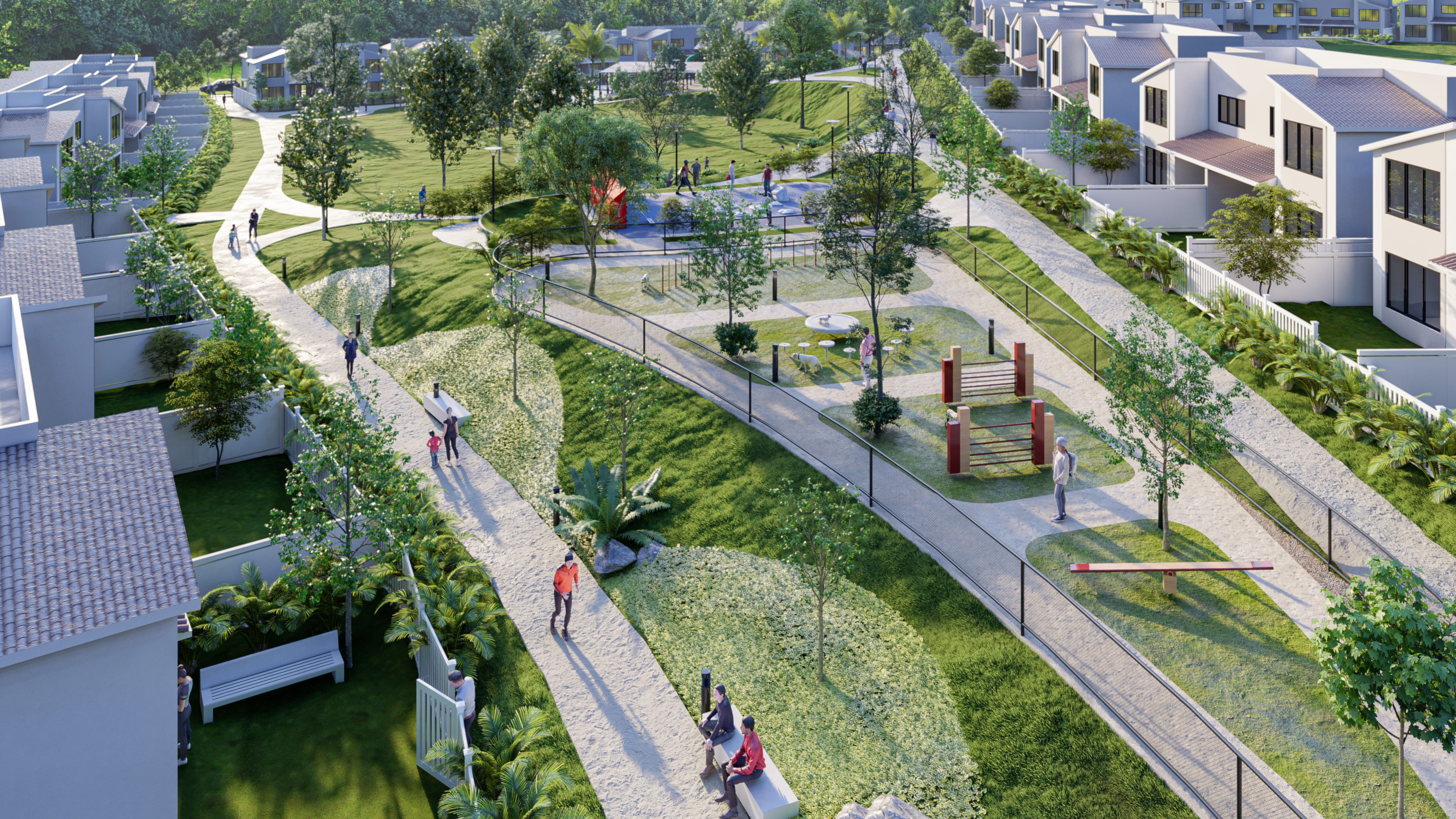 Vista aérea del parque interior con veredas del residencial Cavana en Paseo del Norte