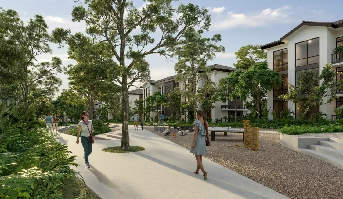 Render de la plaza central del proyecto Begin Coliving Panama